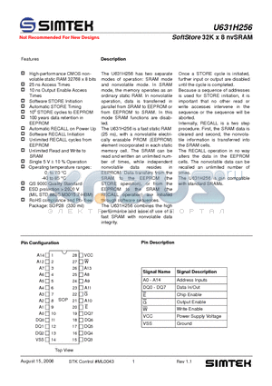 U631H256S2C25G1 datasheet - SoftStore 32K x 8 nvSRAM