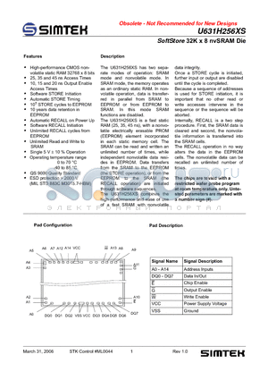 U631H256XS datasheet - SoftStore 32K x 8 nvSRAM Die