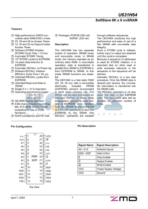 U631H64 datasheet - SoftStore 8K x 8 nvSRAM