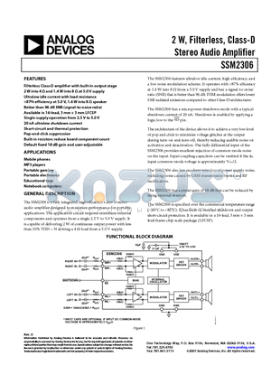 SSM2306CPZ-R2 datasheet - 2 W, Filterless, Class-D Stereo Audio Amplifier
