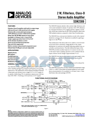 SSM2306CPZ-REEL datasheet - 2 W, Filterless, Class-D Stereo Audio Amplifier