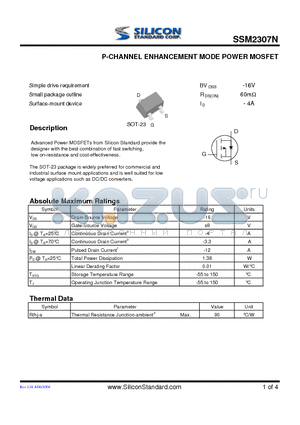 SSM2307N datasheet - P-CHANNEL ENHANCEMENT MODE POWER MOSFET