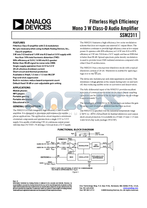 SSM2311CBZ-R2 datasheet - Filterless High Efficiency Mono 3 W Class-D Audio Amplifier