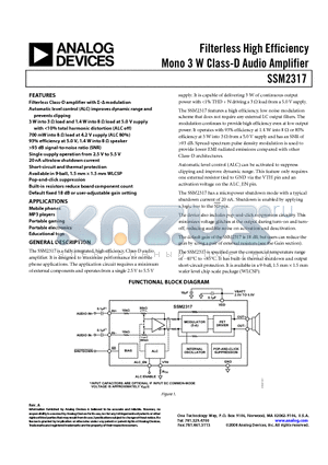 SSM2317CBZ-REEL datasheet - Filterless High Efficiency Mono 3 W Class-D Audio Amplifier