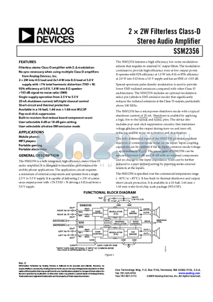 SSM2356 datasheet - 2  2W Filterless Class-D Stereo Audio Amplifier