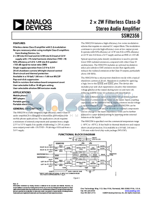 SSM2356CBZ-REEL datasheet - 2  2W Filterless Class-D Stereo Audio Amplifier