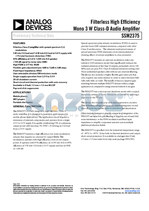 SSM2375 datasheet - Filterless High Efficiency Mono 3 W Class-D Audio Amplifier