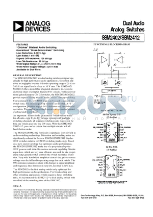 SSM2412P datasheet - Dual Audio Analog Switches