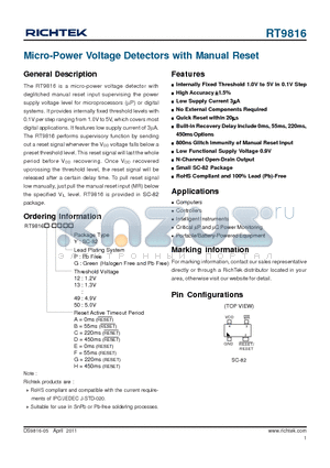 RT9816_11 datasheet - Micro-Power Voltage Detectors with Manual Reset