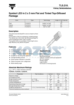 TLS210 datasheet - Symbol LED in 2 x 5 mm Flat and Tinted Top-Diffused Package