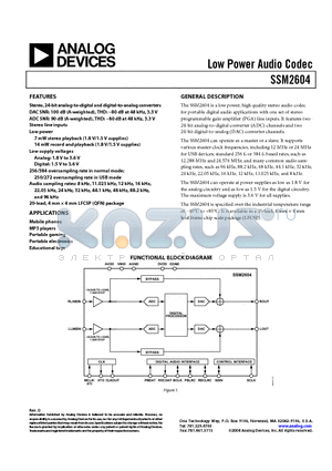 SSM2604-EVALZ datasheet - Low Power Audio Codec