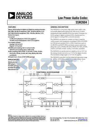 SSM2604CPZ-REEL7 datasheet - Low Power Audio Codec