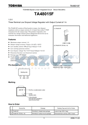 TA48015F datasheet - 1.5 V Three-Terminal Low Dropout Voltage Regulator with Output Current of 1 A