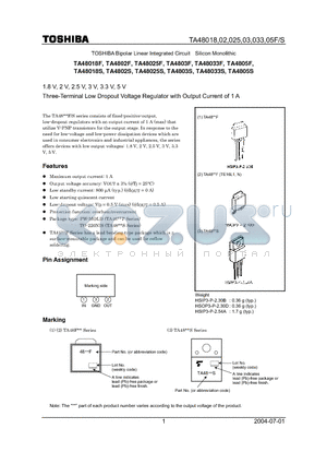 TA48018F datasheet - 1.8 V, 2 V, 2.5 V, 3 V, 3.3 V, 5 V Three-Terminal Low Dropout Voltage Regulator with Output Current of 1 A