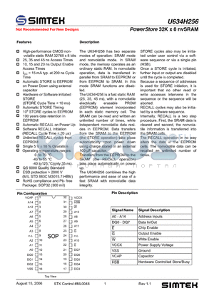 U634H256S2A25G1 datasheet - PowerStore 32K x 8 nvSRAM