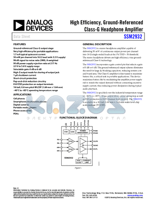 SSM2932ACBZ-R7 datasheet - High Efficiency, Ground-Referenced
