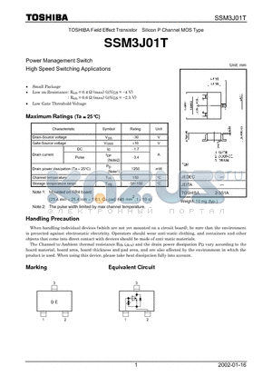 SSM3J01T datasheet - TOSHIBA Field Effect Transistor Silicon P Channel MOS Type