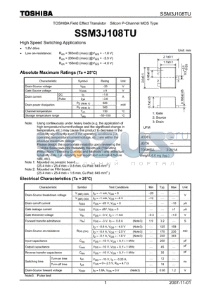 SSM3J108TU datasheet - Field Effect Transistor Silicon P-Channel MOS Type High Speed Switching Applications