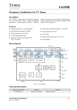 U6359B datasheet - Frequency Synthesizer for TV Tuner