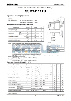 SSM3J111TU datasheet - Field Effect Transistor Silicon P-Channel MOS Type High Speed Switching Applications