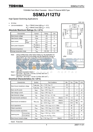 SSM3J112TU datasheet - Field Effect Transistor Silicon P-Channel MOS Type High Speed Switching Applications