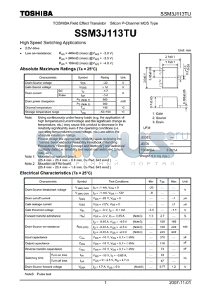 SSM3J113TU datasheet - Field Effect Transistor Silicon P-Channel MOS Type High Speed Switching Applications