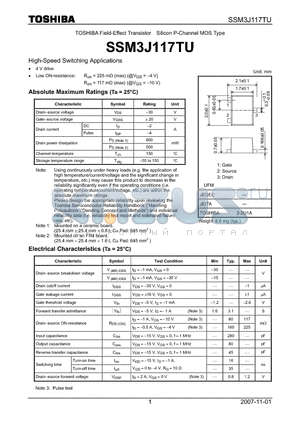 SSM3J117TU datasheet - Field-Effect Transistor Silicon P-Channel MOS Type High-Speed Switching Applications