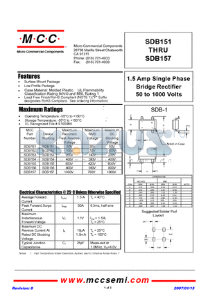 SDB155 datasheet - 1.5 Amp Single Phase Bridge Rectifier 50 to 1000 Volts