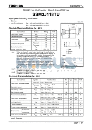 SSM3J118TU datasheet - Field-Effect Transistor Silicon P-Channel MOS Type High-Speed Switching Applications