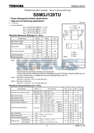 SSM3J120TU datasheet - Field Effect Transistor Silicon P Channel MOS Type Power Management Switch Applications High-Current Switching Applications