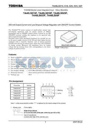 TA48LS015F datasheet - 300 mA Output Current and Low Dropout Voltage Regulator with ON/OFF Control Switch