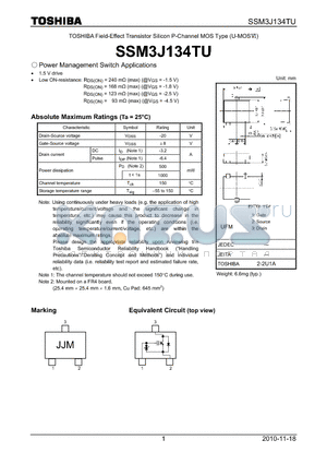 SSM3J134TU datasheet - TOSHIBA Field-Effect Transistor Silicon P-Channel MOS Type (U-MOS)