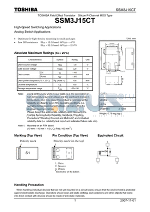 SSM3J15CT datasheet - Field Effect Transistor Silicon P-Channel MOS Type High-Speed Switching Applications Analog Switch Applications