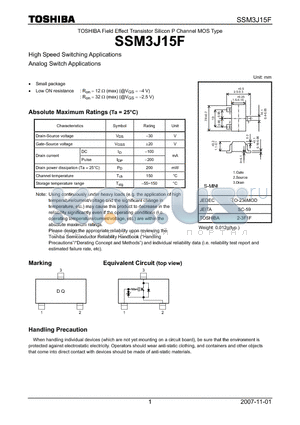 SSM3J15F datasheet - Field Effect Transistor Silicon P Channel MOS Type High Speed Switching Applications Analog Switch Applications