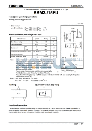 SSM3J15FU datasheet - Field Effect Transistor Silicon P Channel MOS Type High Speed Switching Applications Analog Switch Applications