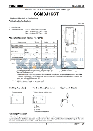 SSM3J16CT datasheet - Field Effect Transistor Silicon P Channel MOS Type High Speed Switching Applications Analog Switch Applications