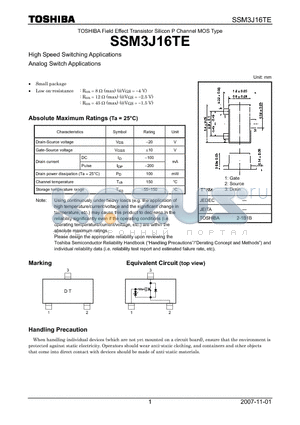 SSM3J16TE datasheet - Field Effect Transistor Silicon P Channel MOS Type High Speed Switching Applications Analog Switch Applications