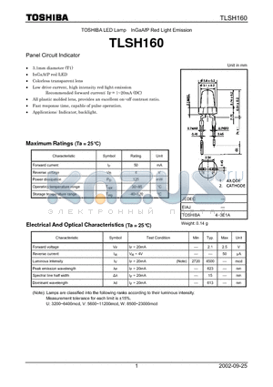 TLSH160 datasheet - TOSHIBA LED Lamp InGaALP Red Light Emission