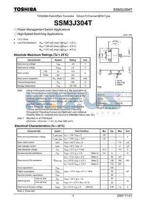 SSM3J304T datasheet - Field-Effect Transistor Silicon P-Channel MOS Type Power Management Switch Applications High-Speed Switching Applications
