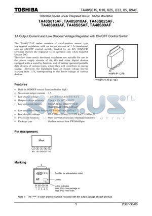 TA48S025AF datasheet - 1A Output Current and Low Dropout Voltage Regulator with ON/OFF Control Switch