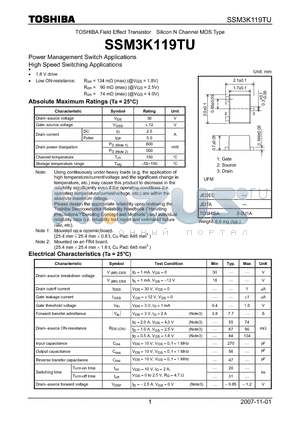 SSM3K119TU datasheet - Silicon N Channel MOS Type Power Management Switch Applications