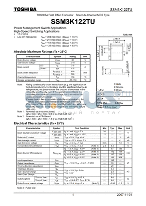 SSM3K122TU datasheet - Power Management Switch Applications