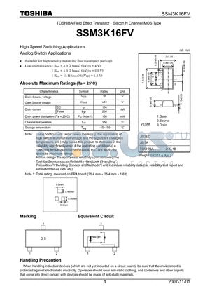 SSM3K16FV datasheet - Silicon N Channel MOS Type High Speed Switching Applications