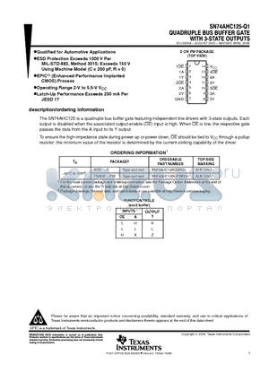 SN74AHC125QDRG4Q1 datasheet - QUADRUPLE BUS BUFFER GATE WITH 3-STATE OUTPUTS