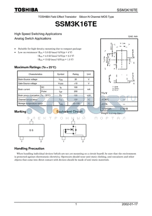 SSM3K16TE datasheet - High Speed Switching Applications Analog Switch Applications