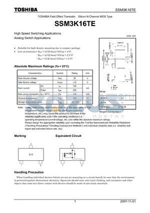 SSM3K16TE datasheet - Silicon N Channel MOS Type High Speed Switching Applications