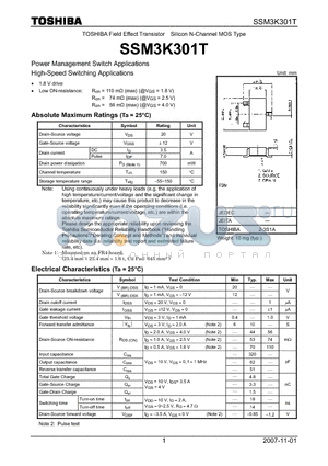 SSM3K301T datasheet - Silicon N-Channel MOS Type Power Management Switch Applications