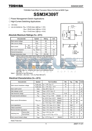 SSM3K309T datasheet - Power Management Switch Applications