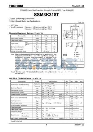 SSM3K318T datasheet - Field-Effect Transistor Silicon N-Channel MOS Type (U-MOS)