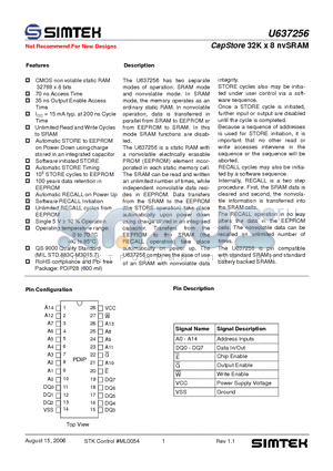 U637256DK70G1 datasheet - CapStore 32K x 8 nvSRAM